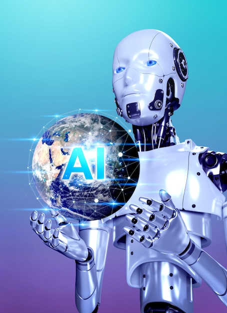 Robot de renderizado 3d con holograma virtual del mundo digital con gráficos de polígonos información global en línea sobre fondo azul soporte de asistente automatizado de inteligencia artificial vertical Ai