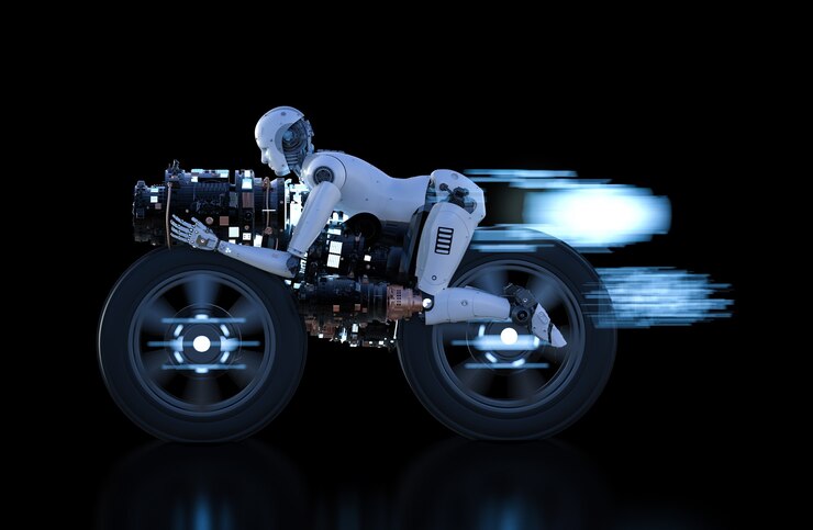 Foto robot de renderizado 3d montado en moto con velocidad