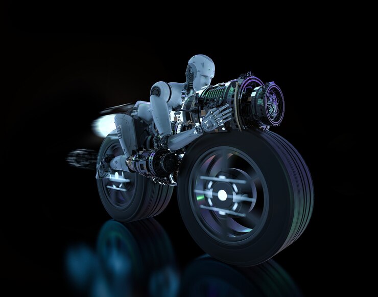 Foto robot de renderizado 3d montado en moto con velocidad