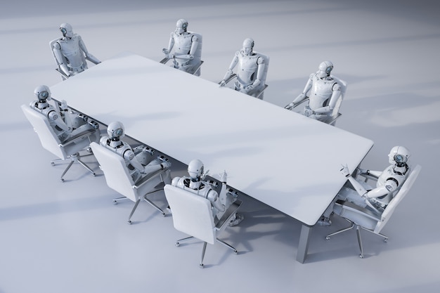 Robot de renderizado 3D que trabaja en la oficina o sala de conferencias