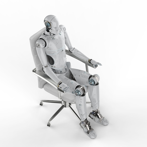 Robot de renderizado 3D sentarse en la silla de oficina sobre fondo blanco.