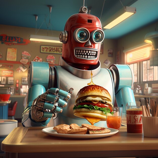 Foto un robot retro que sirve una hamburguesa gourmet en un restaurante de la década de 1950 capturado como una imagen digital fotorrealista