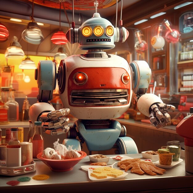 Foto un robot retro que sirve una hamburguesa gourmet en un restaurante de la década de 1950 capturado como una imagen digital fotorrealista