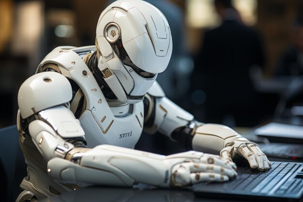 Un robot se reúne con un humano en el escritorio de la oficina