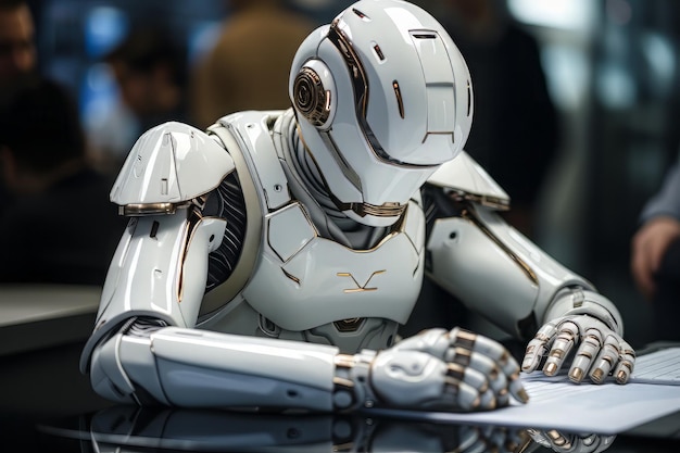 Un robot se reúne con un humano en el escritorio de la oficina