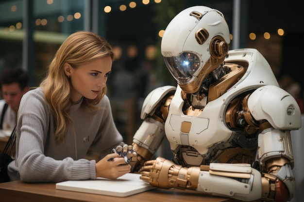Un robot reunido con un humano en el escritorio de la oficina.