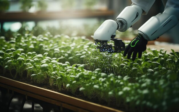 Foto un robot rociando las plantas en el invernadero