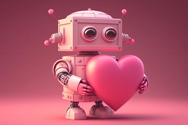 Un robot rosa con un corazón rosa.