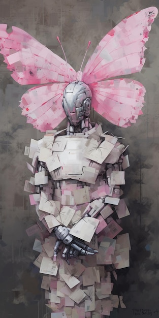 Un robot rosa con una diadema rosa se para frente a un fondo gris.