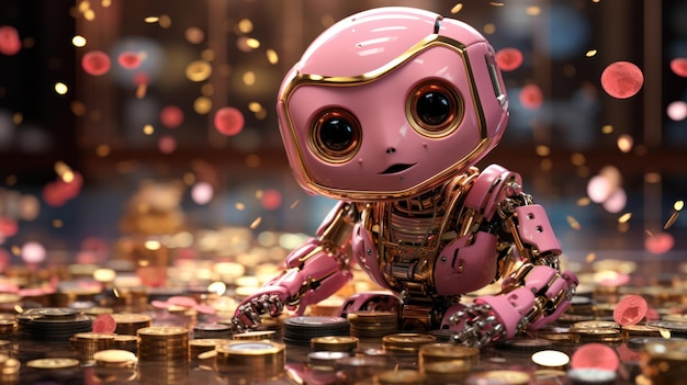 Robot rosa con monedas de oro.