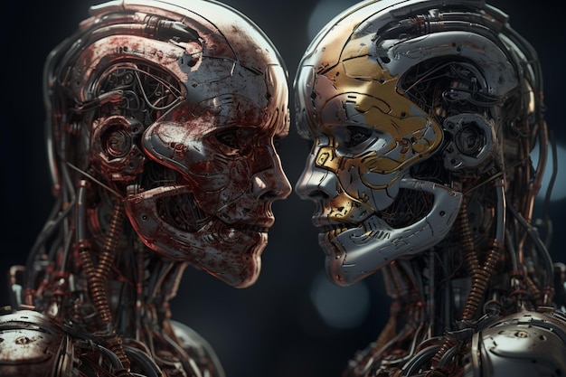 Un robot y un rostro humano están uno frente al otro.