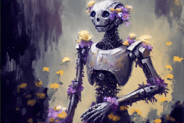 Un robot roto que lleva un ramo de flores de color púrpura Concepto de fantasía Pintura de ilustración IA generativa