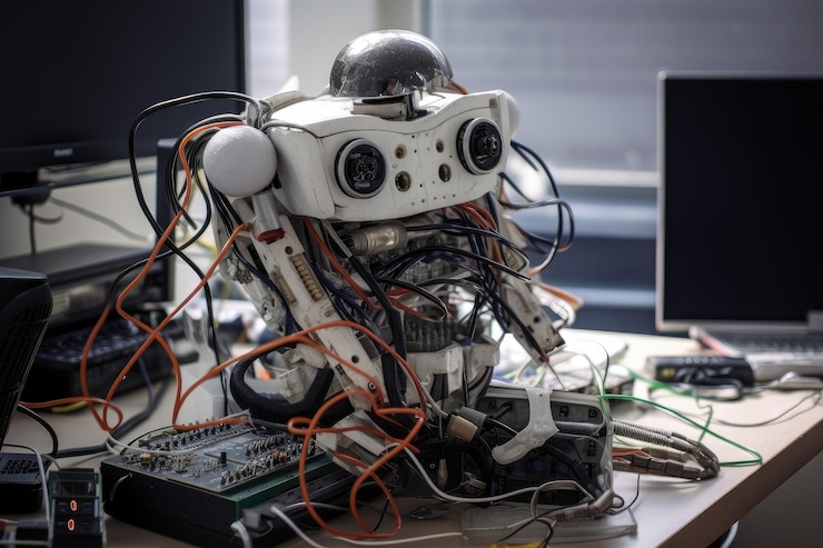 Foto un robot scebe con alambres y cables que van desde sus diversos sensores a una computadora de escritorio
