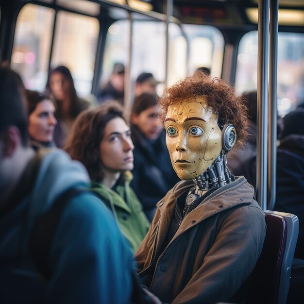 Foto un robot sentado en un autobús de la ciudad destacando el grupo diverso de humanos detrás de capturar un momento