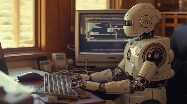 Robot sentado frente al monitor de la computadora en una habitación.