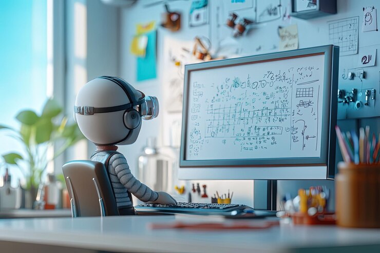 Foto un robot sentado frente a una pantalla de computadora