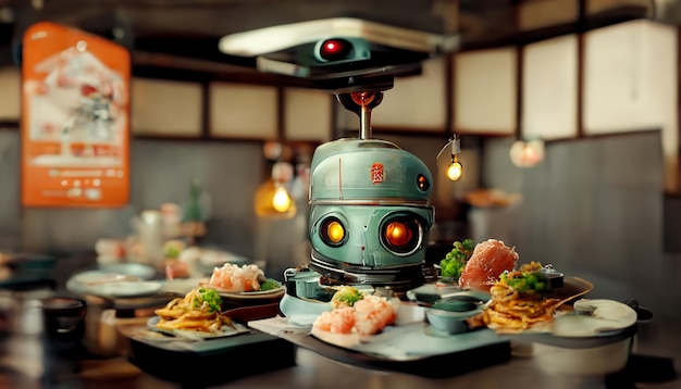 Robot de servicio de comida en restaurante con tecnología de comida japonesa y concepto de negocio