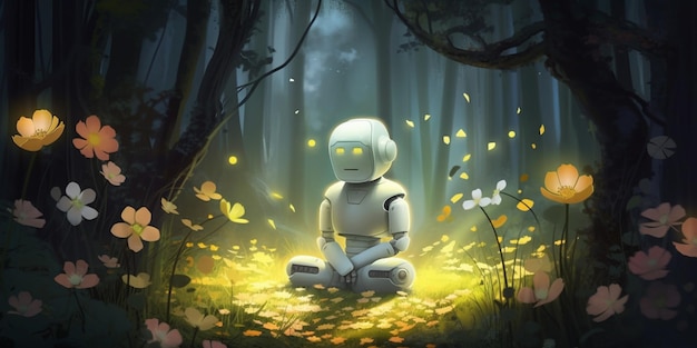 Un robot se sienta en un bosque con una luz brillante.