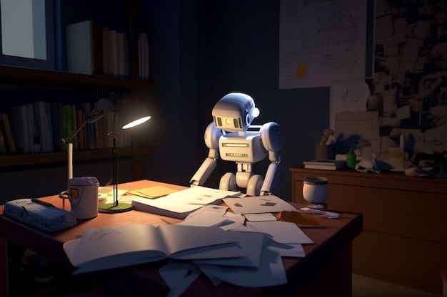 Un robot se sienta en un escritorio en una habitación oscura con una lámpara que dice robot.