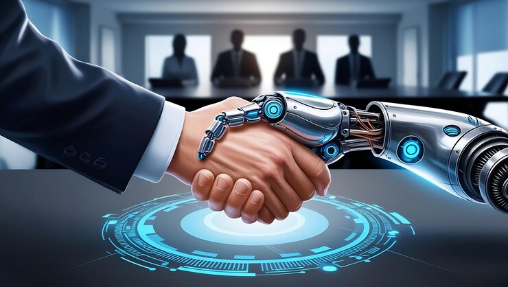 un robot se sienta en un escritorio con un hombre sentado a su lado y un robot en el fondo