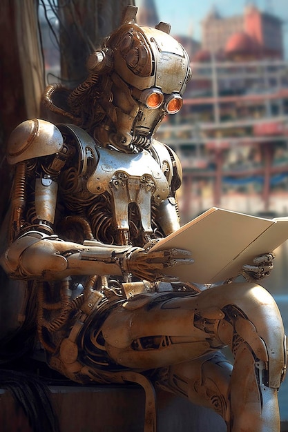 Un robot se sienta frente a una ventana leyendo un libro.