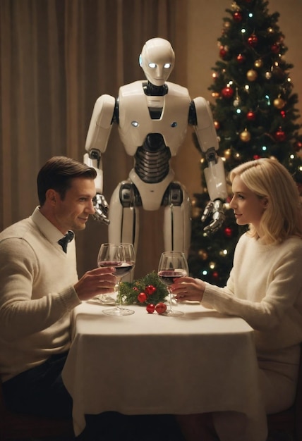 un robot se sienta en una mesa con un árbol de Navidad en el fondo