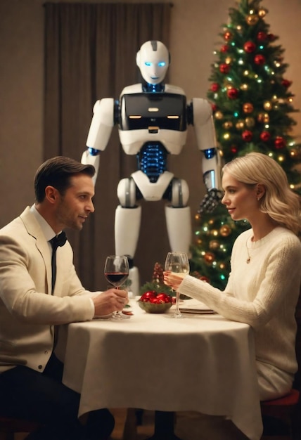 un robot se sienta en una mesa con un hombre y una mujer en un traje