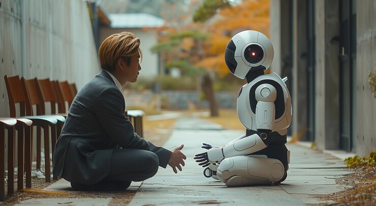 Foto un robot se sienta en una repisa con una persona sentada a su lado