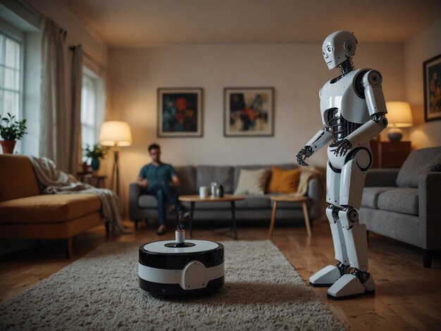 un robot se sienta en una sala de estar con un hombre sentado en el fondo