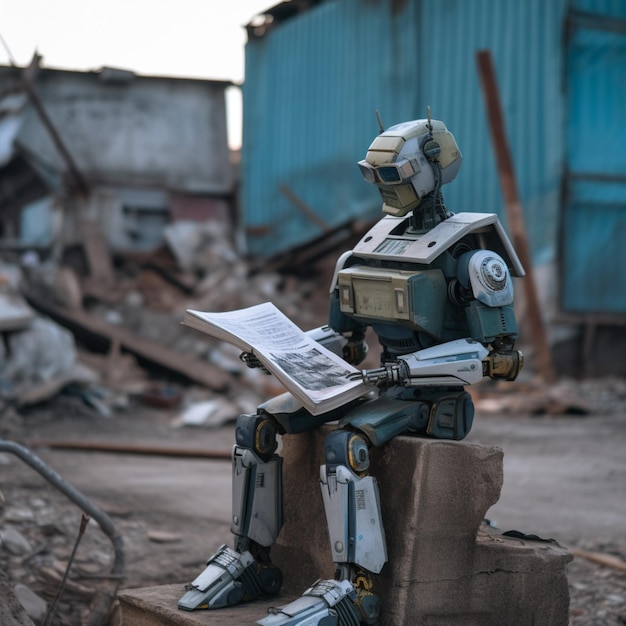 Un robot se sienta en un trozo de cartón leyendo un libro.