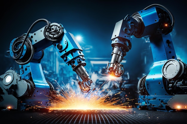 Robot de soldadura industrial y robot de agarre que trabaja con piezas metálicas en una fábrica inteligente IA generativa