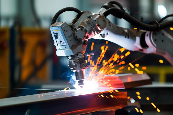 Robot de soldadura con una pieza de metal que brilla en rojo
