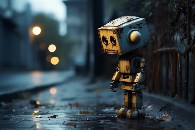 Robot solitario y melancólico abandonado en la calle AI
