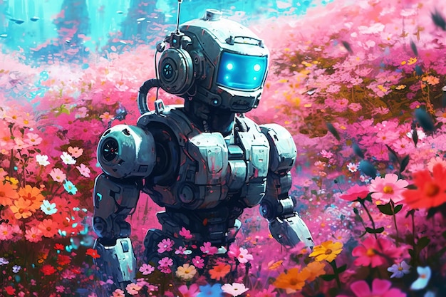 El robot sonríe y camina por el campo con flores IA generativa