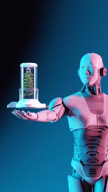 un robot sosteniendo una botella de agua con un árbol dentro