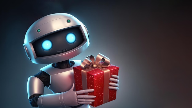 Robot sosteniendo caja de regalo roja con lazo dorado sobre fondo oscuro