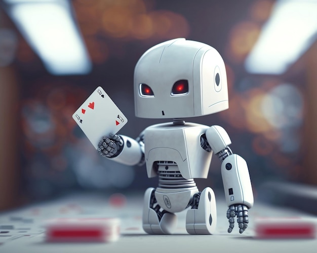 Un robot sostiene mientras las cartas de póquer ganan el juego Inteligencia artificial generativa