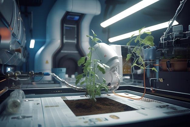 Un robot sostiene una planta en un laboratorio.