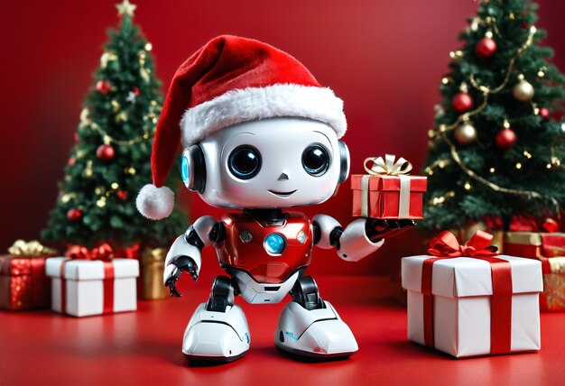 Robot sostiene regalo de Navidad IA generativa