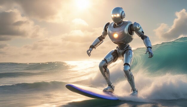 un robot en una tabla de surf en el océano