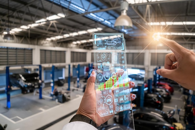 Robot Technology AI arregla la reparación del automóvil en el elevador del automóvil en el concesionario del garaje Arregla el automóvil con un punto de interfaz de pantalla de interfaz de usuario táctil hasta el punto que debe corregirse Nueva tecnología en la industria del automóvil IOT