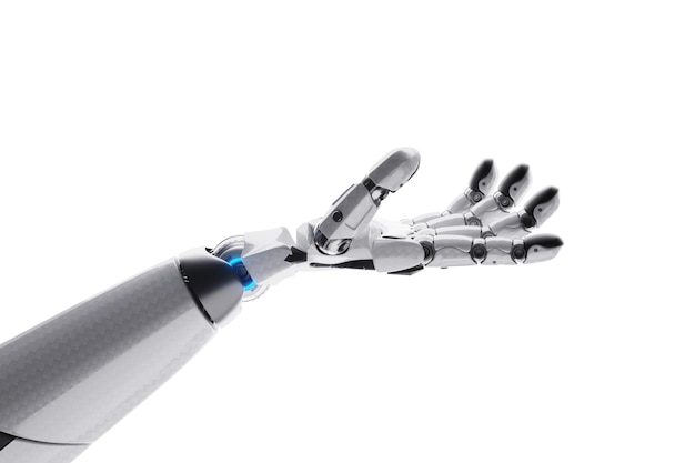 El robot tecnológico muestra su mano con la palma hacia arriba las redes neuronales y la inteligencia artificial