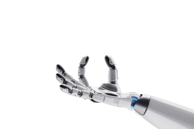 El robot tecnológico muestra su mano con la palma hacia arriba las redes neuronales y la inteligencia artificial