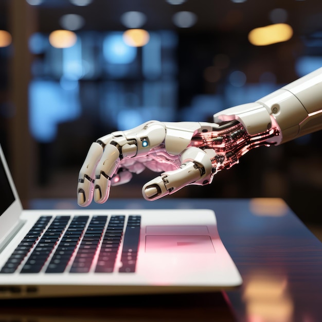 Robot tocando la computadora con su mano IA generativa