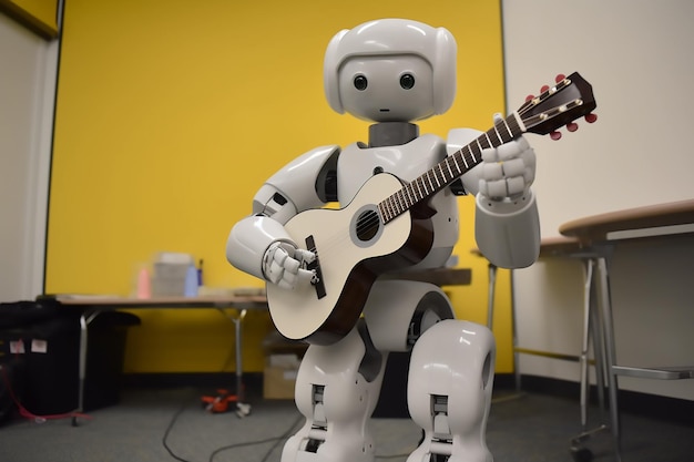 Un robot tocando una guitarra en un salón de clases.