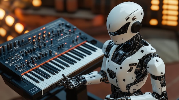 un robot tocando un teclado con las teclas en él