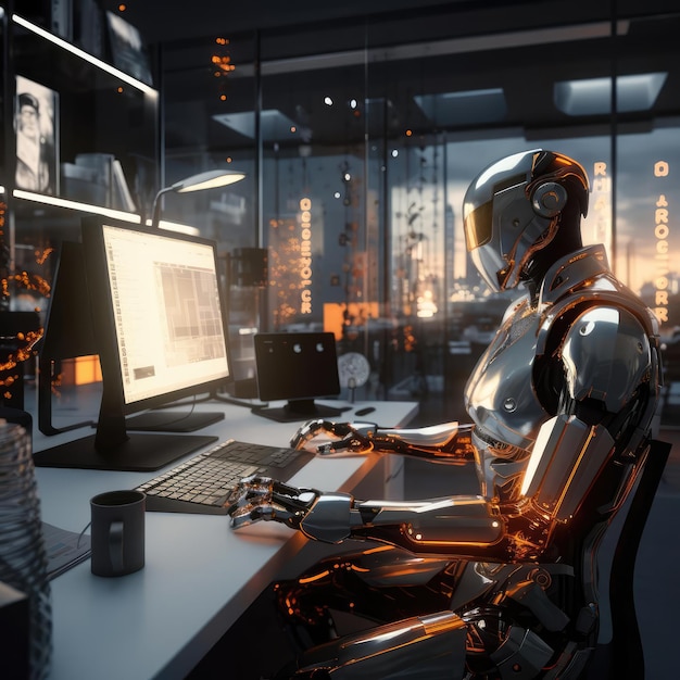 Un robot trabaja en una computadora en una oficina.