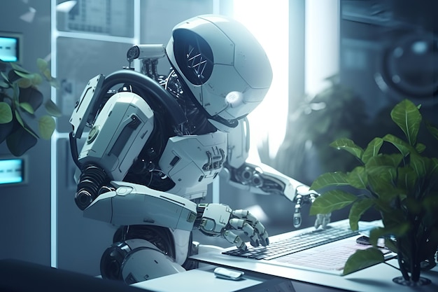 Un robot trabaja en una computadora con una planta al fondo.