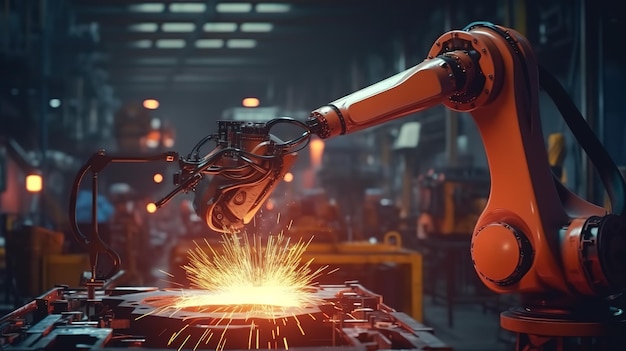 Un robot trabajando en una pieza de metal de la que salen chispas.