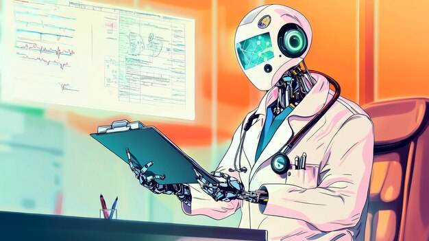 un robot con un traje azul está sosteniendo una tableta en sus manos